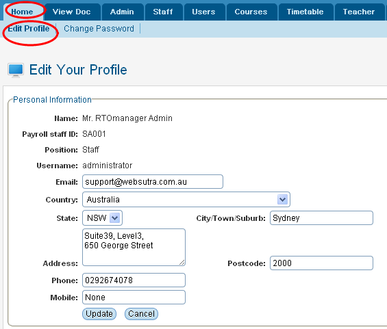 RTOmanager- WebSutra College Management System -- Staff Portal- Edit Profile