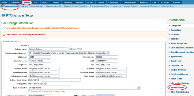 RTOmanager- WebSutra College Management System -- Administrative Zone- Set up Default Value for RTOmanager Inplementation