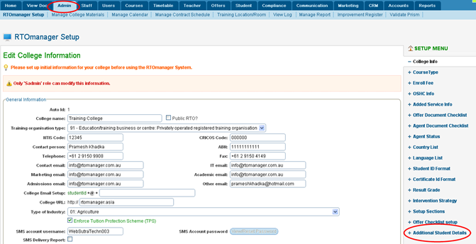 RTOmanager- WebSutra College Management System -- Administrative Zone- Set up Default Value for RTOmanager Inplementation