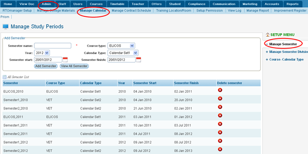 RTOmanager- WebSutra College Management System -- Admin Zone- Manage Sessions, Semesters, and Calendar