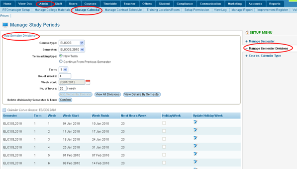 RTOmanager- WebSutra College Management System -- Admin Zone- Manage Sessions, Semesters, and Calendar