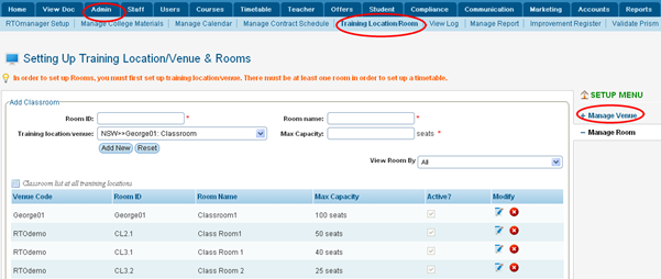 RTOmanager- WebSutra College Management System -- Admin Zone- Manage Training Location-Venue and Classroom