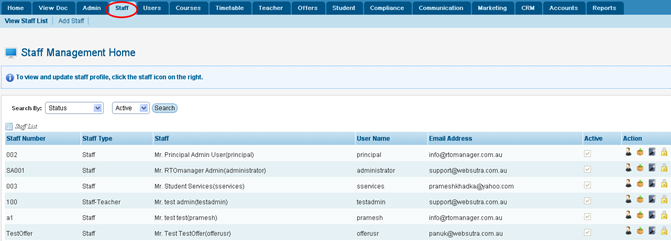 RTOmanager- WebSutra College Management System -- Administrative Zone- Manage Staffs