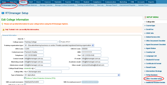 RTOmanager- WebSutra College Management System -- Administrative Zone- Set up Default Value for RTOmanager Inplementation