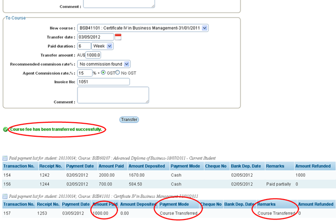 RTOmanager- WebSutra College Management System -- Accounts Zone -- Transfer Student Payment